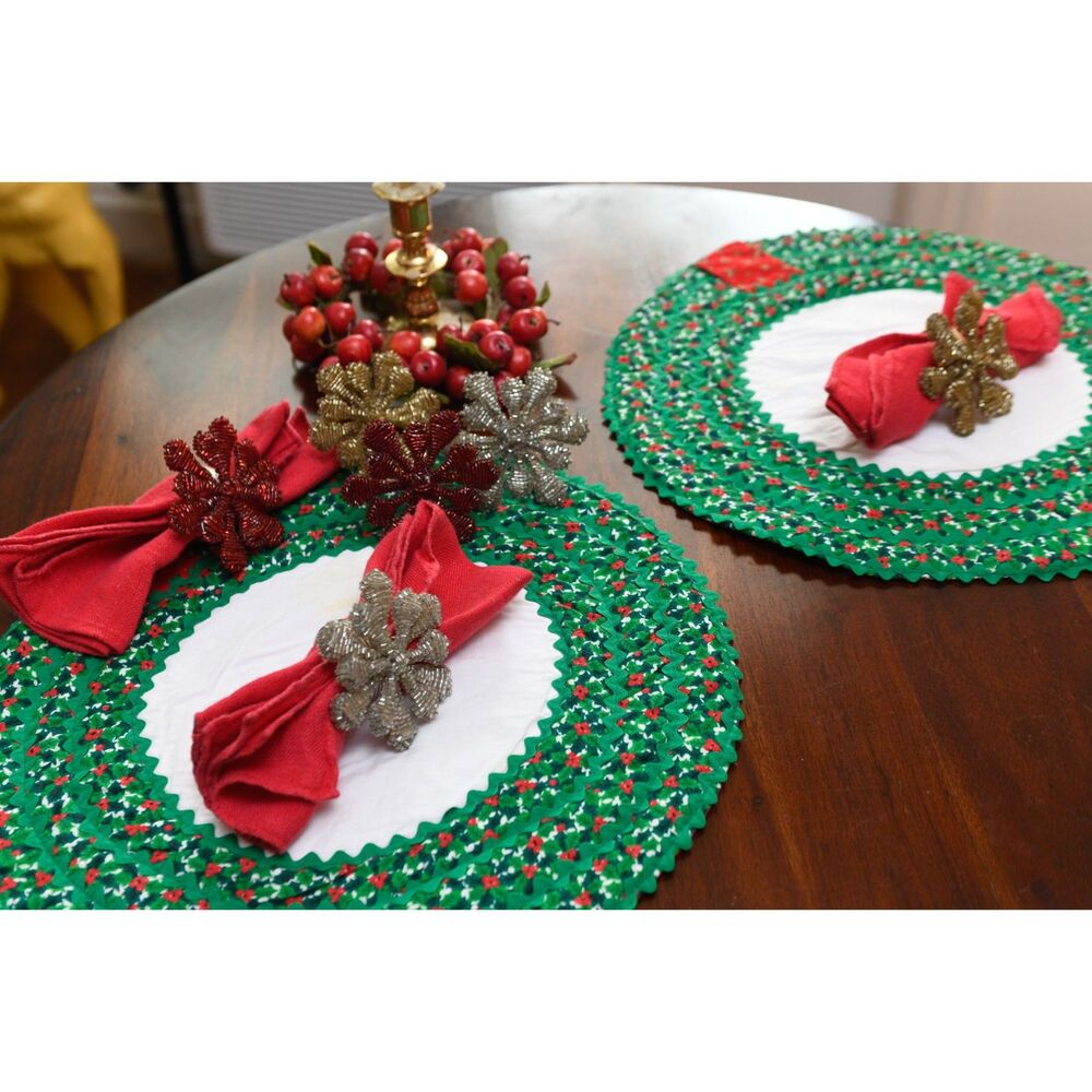 6 Christmas Poinsettia Beaded Holiday Napkin Rings Red Gold Silver Handmade